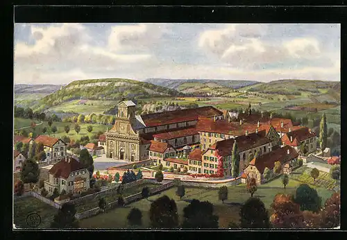 Künstler-AK Mariastein, Klosteranlage und Umgebung aus der Vogelschau