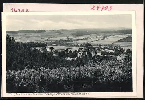 Fotografie Brück & Sohn Meissen, Ansicht Mühlhausen i. V., Blick vom Wald auf das Genesungsheim und Umgebung