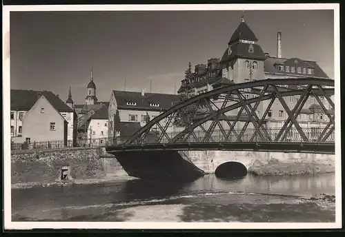 Fotografie Brück & Sohn Meissen, Ansicht Rosswein, Stadtmühle mit Stahlbrücke an der Muldenstrasse
