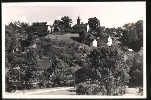 Fotografie Brück & Sohn Meissen, Ansicht Rothschönberg, Ortsansicht mit Wohnhäsuern und Blick zur Kirche