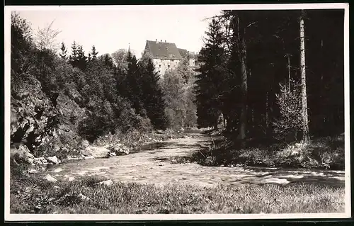 Fotografie Brück & Sohn Meissen, Ansicht Reinsberg i. Sa., Grabentour mit Blick zum Schloss Reinsberg