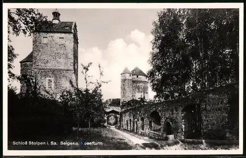 Fotografie Brück & Sohn Meissen, Ansicht Stolpen i. Sa., Partie am Seiger und Koselturm des Schloss Stolpen