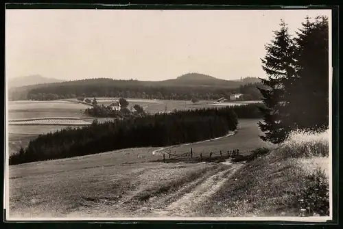 Fotografie Brück & Sohn Meissen, Ansicht Auersberg i, Erzg, Blick vom Waldrand nach dem Gasthaus Waldschänke