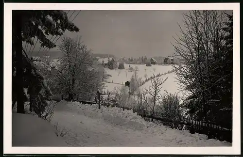 Fotografie Brück & Sohn Meissen, Ansicht Oberbärenburg i. Erzg., Waldweg im Winter mit Blick auf den Ort