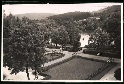 Fotografie Brück & Sohn Meissen, Ansicht Bad Elster, Blick über den Rosengarten mit Teich