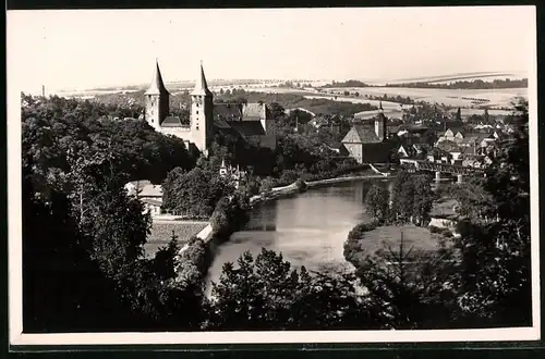 Fotografie Brück & Sohn Meissen, Ansicht Rochlitz, Blick zur Stadt mit Stahlbrücke und Schloss