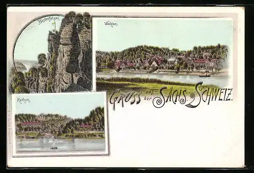 Lithographie Wehlen /Sächs. Schweiz, Teilansicht, Basteifelsen, Rathen