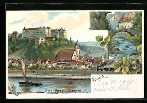 Lithographie Pirna, Teilansicht mit Festung Sonnenstein u. Eisenbahn, Lochmühle