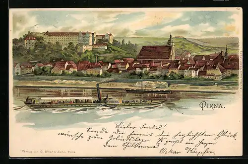 Lithographie Pirna, Uferpartie mit Dampfer Pirna