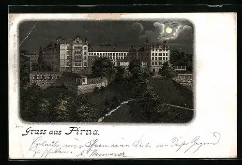 Lithographie Pirna, Ortspartie bei Mondschein