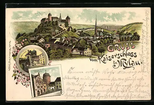 Lithographie Mylau, Teilansicht, Oberer Hof Rathaus, Schlosshof