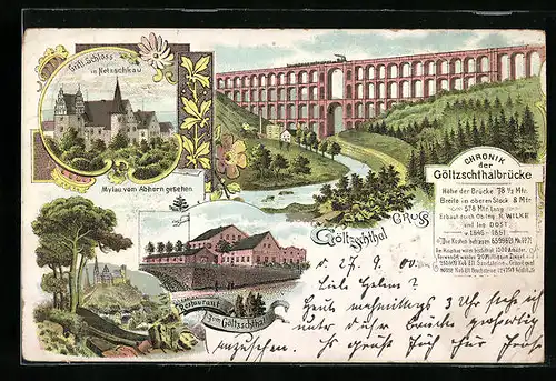 Lithographie Netzschkau, Gräfliches Schloss, Restaurant zum Göltzschtal, Göltzschtal mit Eisenbahn