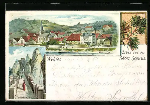 Lithographie Wehlen /Sächs. Schweiz, Teilansicht, Basteibrücke