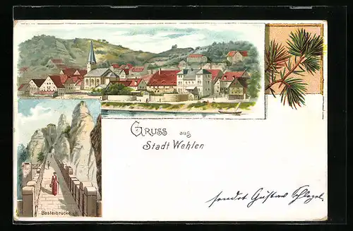 Lithographie Wehlen /Sächs. Schweiz, Teilansicht, Basteibrücke