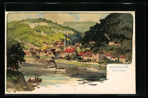 Lithographie Wehlen /Sächs. Schweiz, Teilansicht mit Kirche