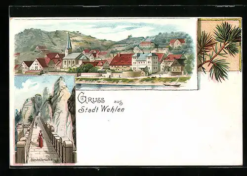 Lithographie Wehlen /Sächs. Schweiz, Teilansicht, Basteibrücke