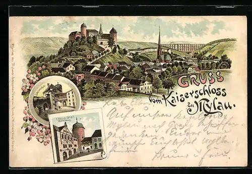 Lithographie Mylau, Kaiserschloss, Oberer Hof Rathaus, Schlosshof