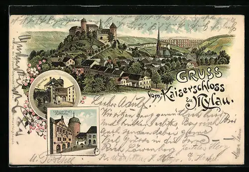 Lithographie Mylau, Kaiserschloss, Oberer Hof Rathaus, Schlosshof