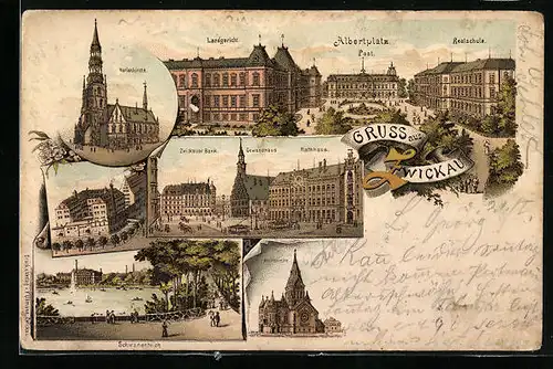 Lithographie Zwickau, Zwickauer Bank mit Gewandhaus und Rathaus, Marienkirche, Schwanenteich
