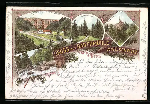 Lithographie Barthmühle /Vogtl. Schweiz, Elsterthalbrücke mit der Barthmühle, Pyramidenweise, Ruine Liebau