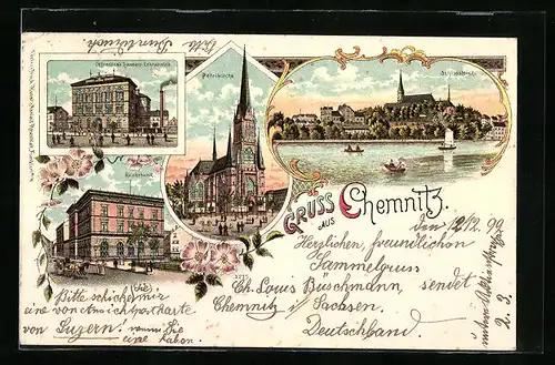 Lithographie Chemnitz, Öffentliche Handels-Lehranstalt, Reichsbank, Petrikirche, Schlossteich