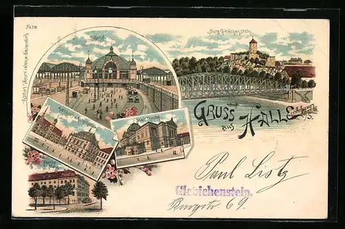 Lithographie Halle a. S., Bahnhof, Rathaus und Restaurant Ratskeller, Franke Stiftung, Stadttheater, Burg Giebichenstein