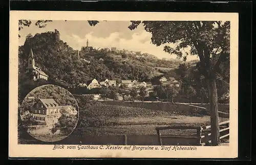 AK Hohenstein in Nassau, Blick vom Gasthaus C. Kessler auf Burgruine und Dorf