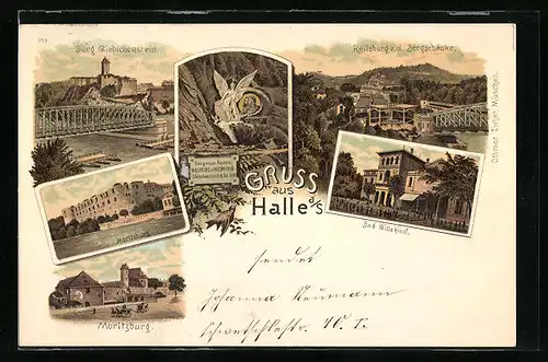 Lithographie Halle a. S., Burg Giebichenstein, Moritzburg, Bad Wittekind, Reilsburg v. d. Bergschänke
