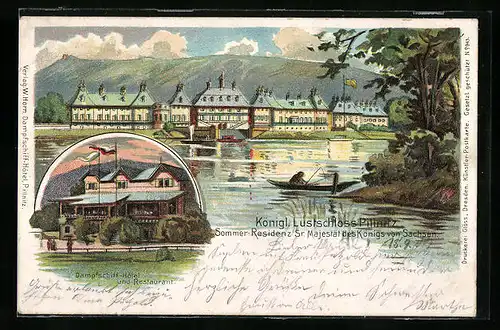 Lithographie Pillnitz, Dampfschiff-Hotel und Restaurant, Königliches Lustschloss, Sommer-Residenz des Königs von Sachsen