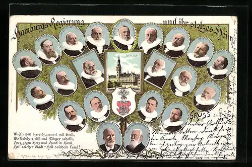 Lithographie Hamburg, Ansicht des Rathauses mit Portraits der Regierenden