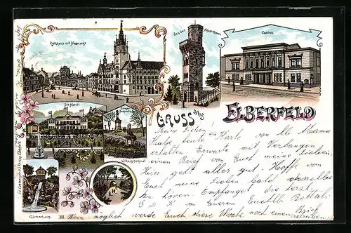 Lithographie Elberfeld, Rathaus mit Nestmarkt, Casino, Die Hardt, Gärtnerhaus