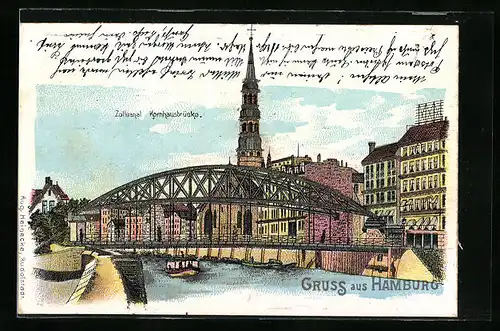 Lithographie Hamburg, Zollkanal mit Kornhausbrücke, Glitzerperlen