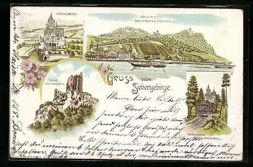 Lithographie Siebengebirge, Drachenburg, Ruine Drachenfels, Zahnradbahn, Königswinter