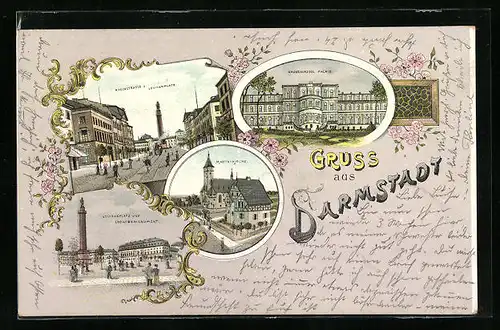 Lithographie Darmstadt, Rheinstrasse und Louisenplatz mit Ludwigsmonument, Grossherzogliches Palais, Martinskirche