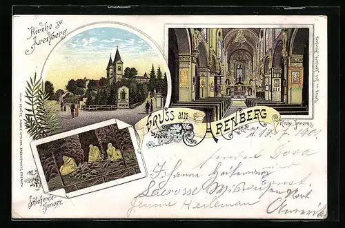 Lithographie Arenberg, Kirche mit Innenansicht, Schlafende Jünger