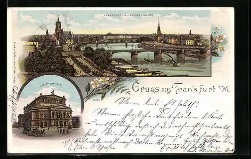 Lithographie Frankfurt a. M., Totalansicht mit Sachsenhausen, Opernhaus