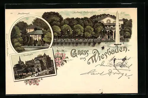 Lithographie Wiesbaden, Musiktempel, Kurhaus von der Parkseite, Gasthaus Trinkhalle