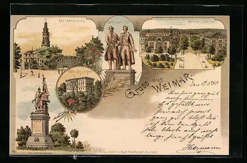 Lithographie Weimar, Residenzschloss, Goethe & Schiller, Kriegerdenkmal