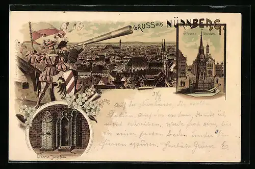 Lithographie Nürnberg, Schöner Brunnen, Panorama, Eiserne Jungfrau