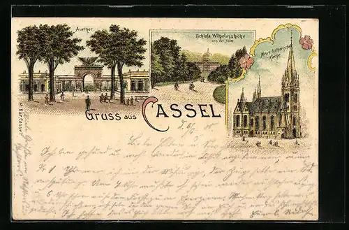 Lithographie Cassel, Strassenpartie am Auetor, Schloss Wilhelmshöhe, Neue lutherische Kirche