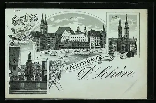 Mondschein-Lithographie Nürnberg, Tugendbrunnen, Marktplatz, Sebaldusbrunnen