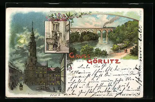 Lithographie Görlitz, Rathaus mit Rathaustreppe, Viadukt