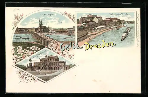 Lithographie Dresden, Panorama der Altstadt, Königliches Hoftheater und italienische Dörfchen