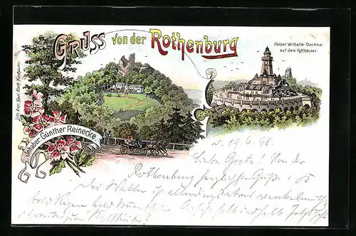 Lithographie Rothenburg / Kyffh., Gasthaus von Günther Reinecke, Kaiser-Wilhelm-Denkmal auf dem Kyffhäuser