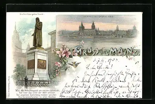 Lithographie Mainz, Ortsansicht vom Castel gesehen, Gutenbergdenkmal