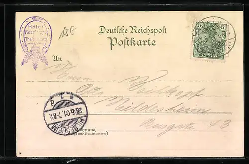 Lithographie Thale /Harz, Hotel Rosstrappe im Bodethal, Rosstrappfelsen, Wanderer