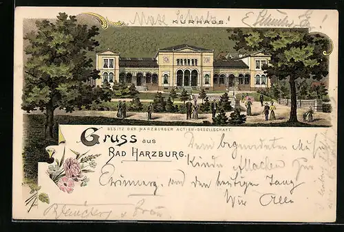 Lithographie Bad Harzburg, Kurhaus mit Anlagen und Gästen