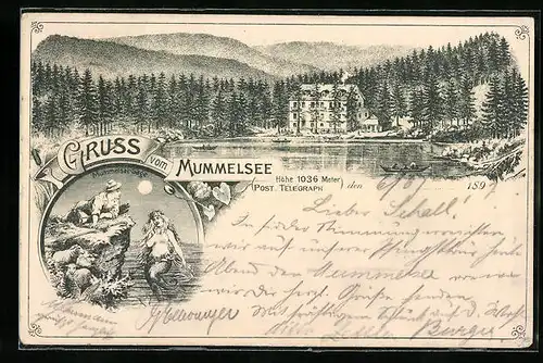 Lithographie Mummelsee, Haus am See, Mummelsee-Sage