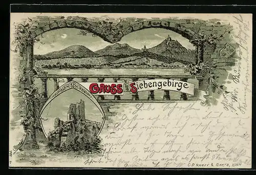 Lithographie Königswinter, Ortspanorama am Wasser mit Siebengebirge, Burgruine