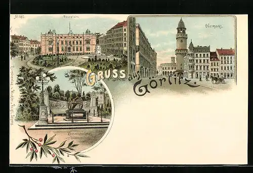 Lithographie Görlitz, Partie am Obermarkt, Partie am Postplatz, Kanonendenkmal